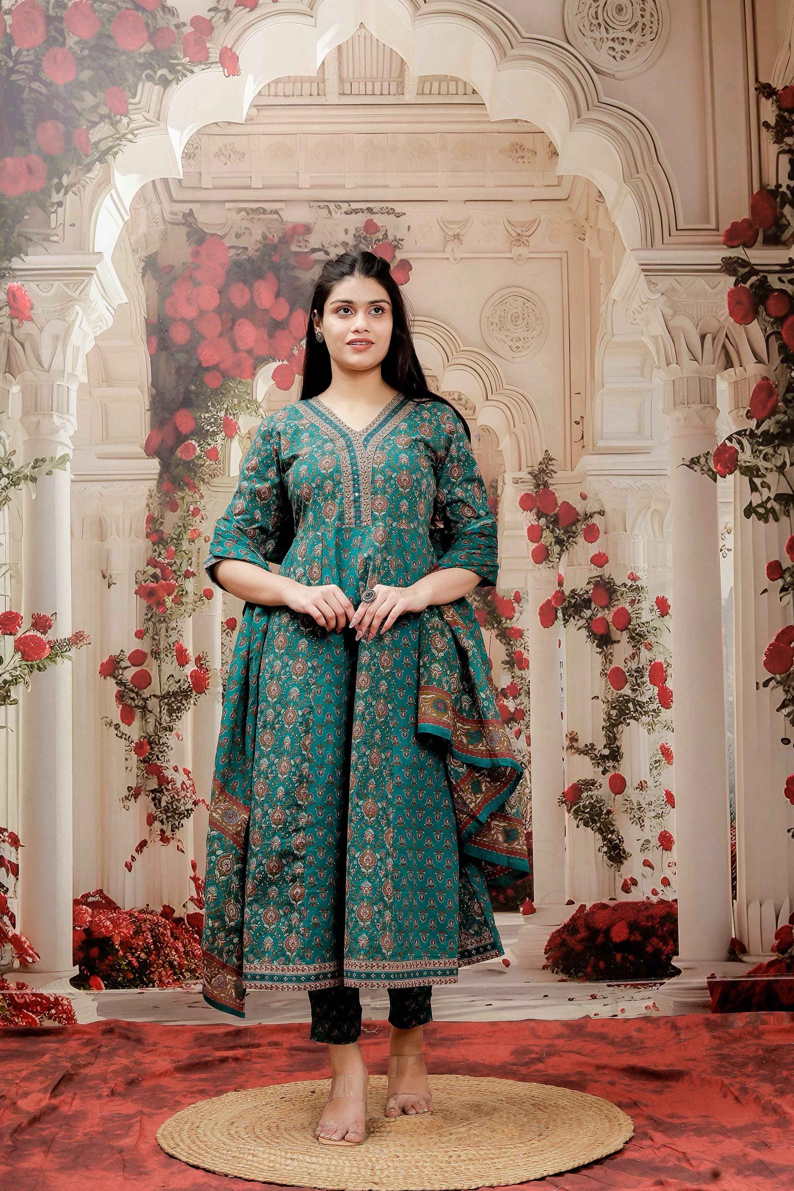 	Royal  green  Anarkali Suit with Dupatta